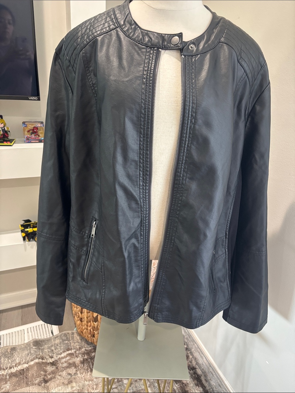 Classic Black Faux Leather Snap-Front Jacket